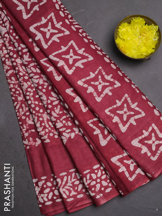 Batik cotton saree maroon with allover prints and batik printed border