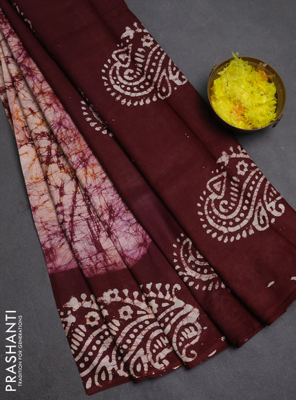 Batik cotton saree deep wine shade with allover prints and batik printed border