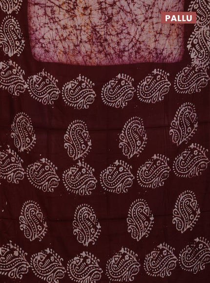 Batik cotton saree deep wine shade with allover prints and batik printed border