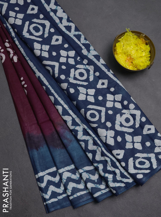 Batik cotton saree deep wine shade and blue with batik butta prints and batik printed border