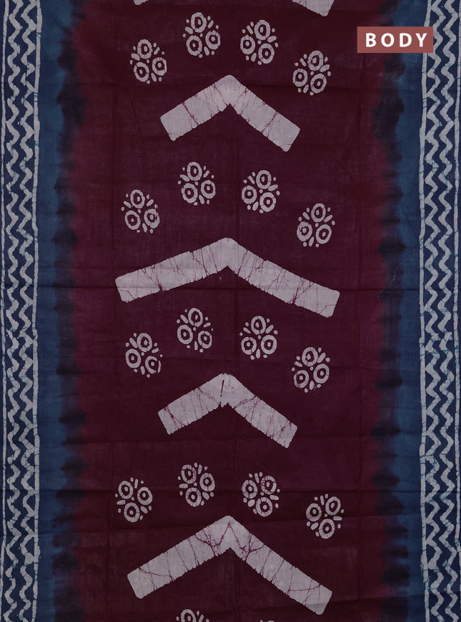 Batik cotton saree deep wine shade and blue with batik butta prints and batik printed border