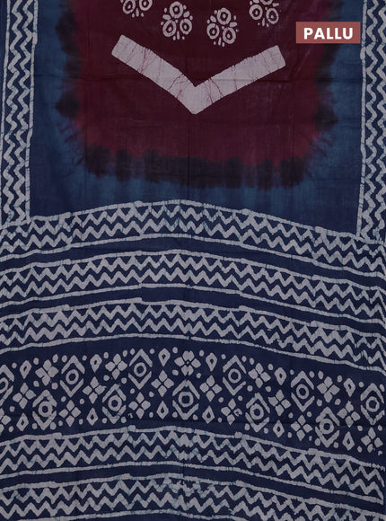 Batik cotton saree deep wine shade and blue with batik butta prints and batik printed border