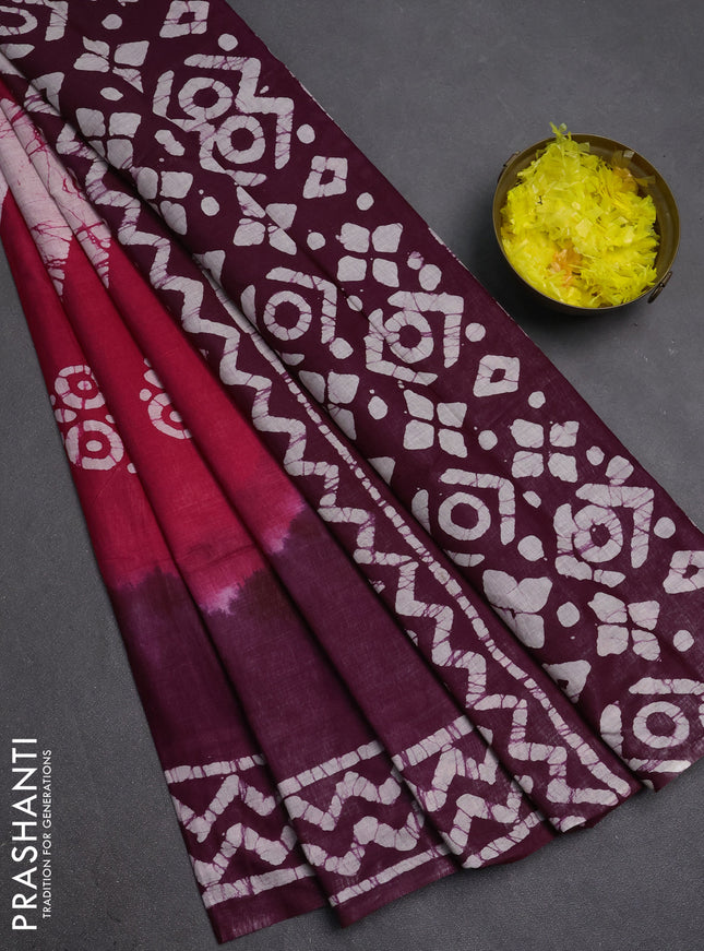 Batik cotton saree pink and deep purple with batik butta prints and batik printed border