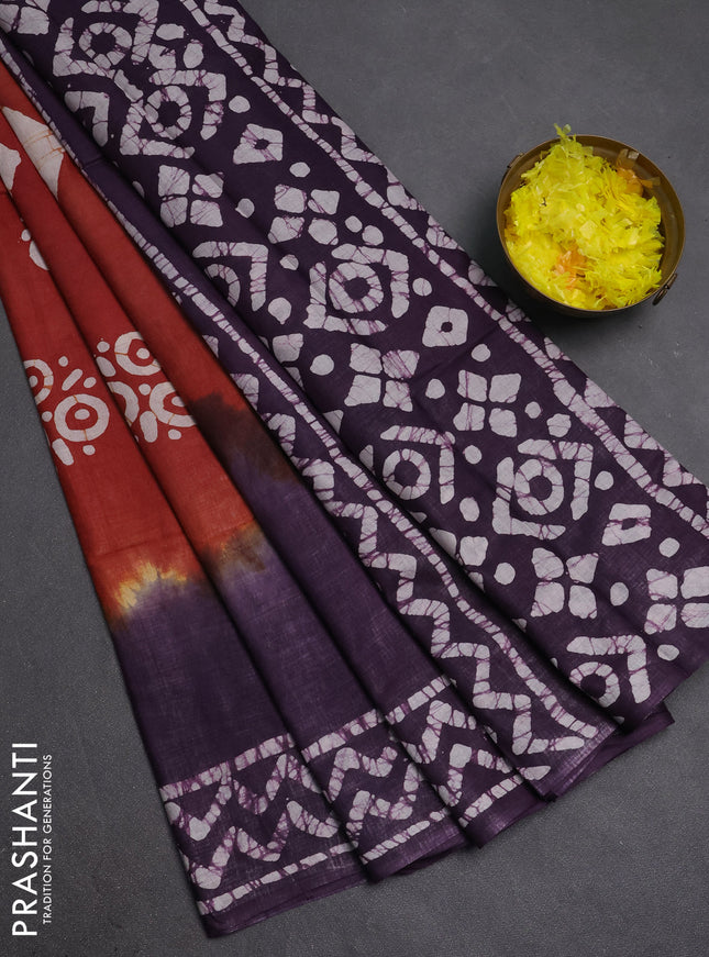 Batik cotton saree rust shade and purple with batik butta prints and batik printed border