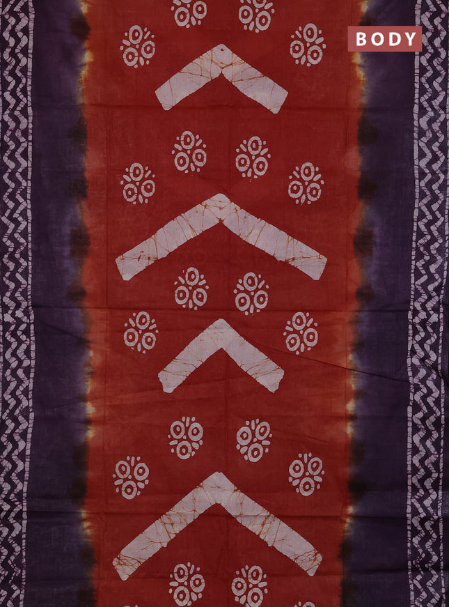 Batik cotton saree rust shade and purple with batik butta prints and batik printed border