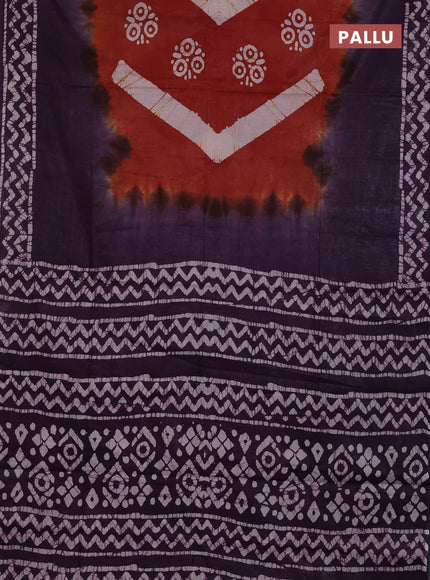 Batik cotton saree rust shade and purple with batik butta prints and batik printed border