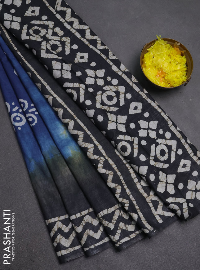 Batik cotton saree blue and grey with batik butta prints and batik printed border