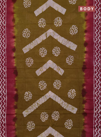 Batik cotton saree dark mustard and magenta pink with batik butta prints and batik printed border