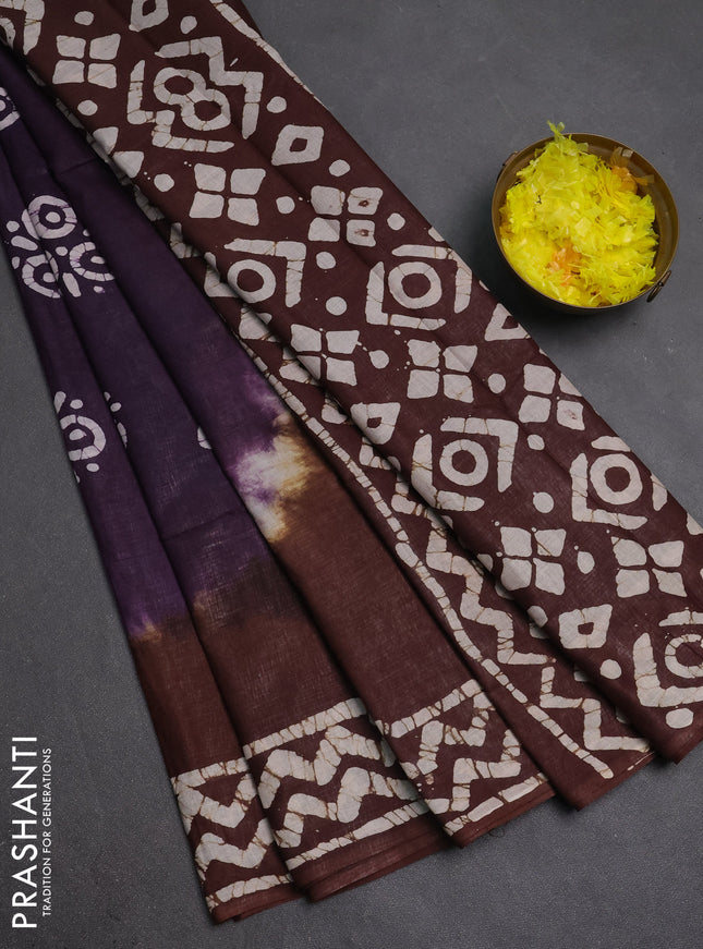 Batik cotton saree violet and brown with batik butta prints and batik printed border