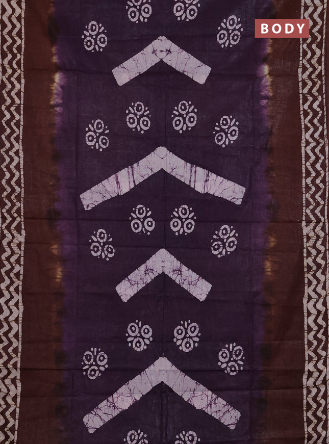 Batik cotton saree violet and brown with batik butta prints and batik printed border