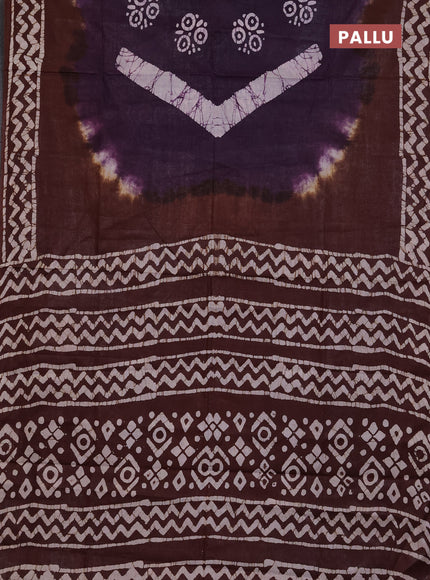 Batik cotton saree violet and brown with batik butta prints and batik printed border