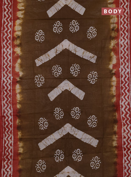 Batik cotton saree mehendi green and rust shade with batik butta prints and batik printed border