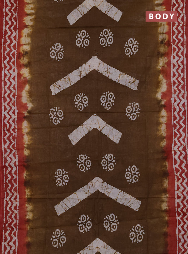 Batik cotton saree mehendi green and rust shade with batik butta prints and batik printed border