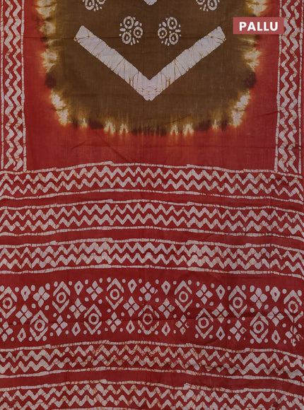 Batik cotton saree mehendi green and rust shade with batik butta prints and batik printed border