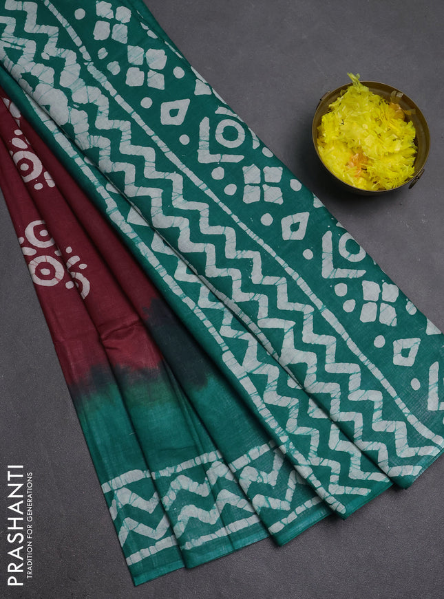 Batik cotton saree maroon and teal green with batik butta prints and batik printed border