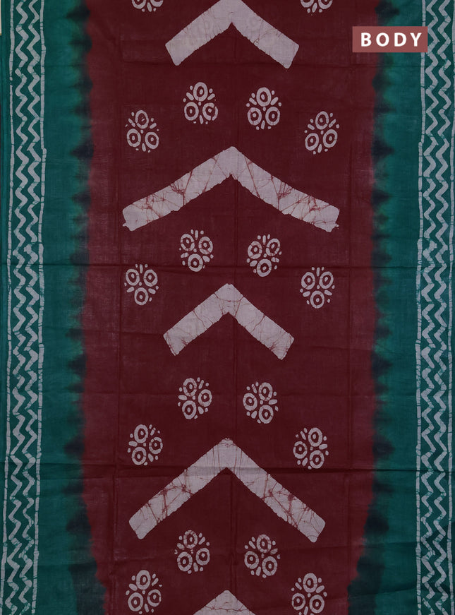 Batik cotton saree maroon and teal green with batik butta prints and batik printed border