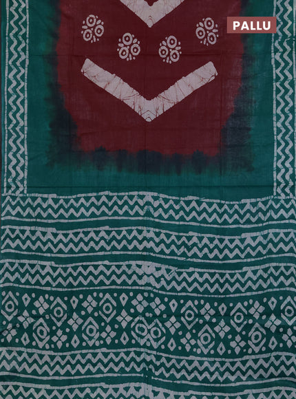 Batik cotton saree maroon and teal green with batik butta prints and batik printed border