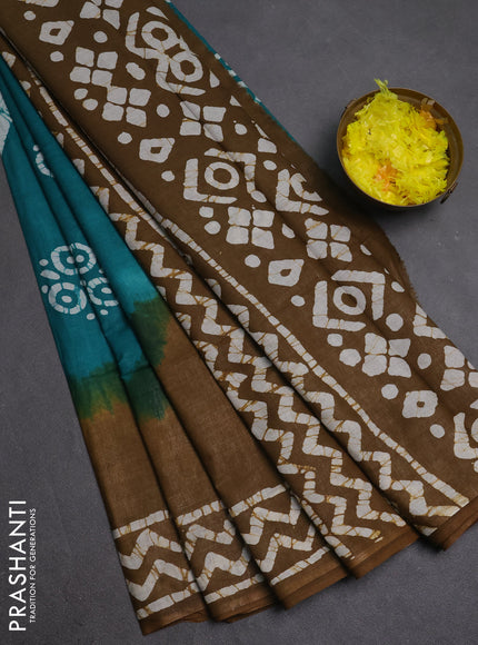 Batik cotton saree teal green and mustard green with batik butta prints and batik printed border