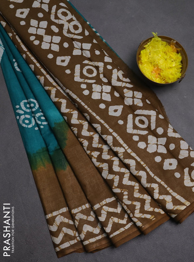 Batik cotton saree teal green and mustard green with batik butta prints and batik printed border