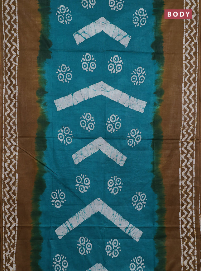 Batik cotton saree teal green and mustard green with batik butta prints and batik printed border