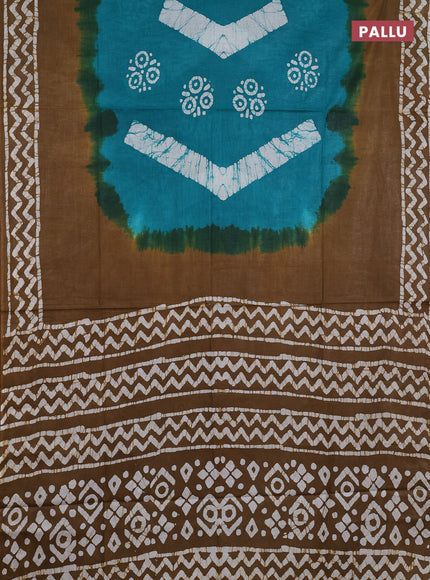 Batik cotton saree teal green and mustard green with batik butta prints and batik printed border