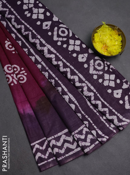 Batik cotton saree deep wine shade and purple with batik butta prints and batik printed border