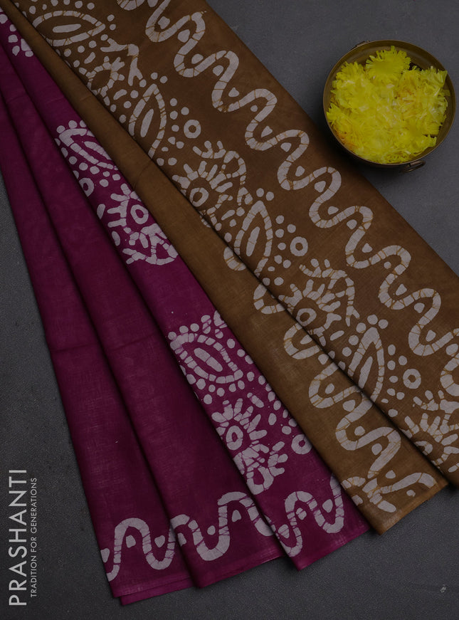 Batik cotton saree magenta pink and mustard green with batik butta prints and batik printed border