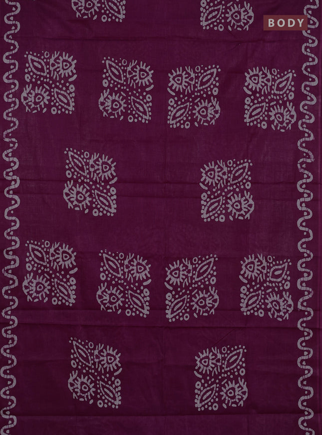 Batik cotton saree magenta pink and mustard green with batik butta prints and batik printed border