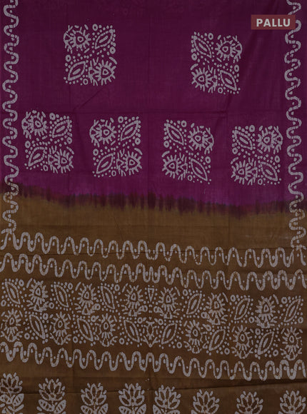 Batik cotton saree magenta pink and mustard green with batik butta prints and batik printed border