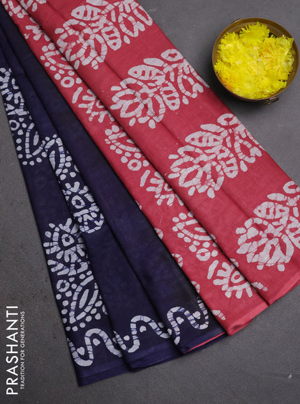 Batik cotton saree navy blue and maroon with batik butta prints and batik printed border