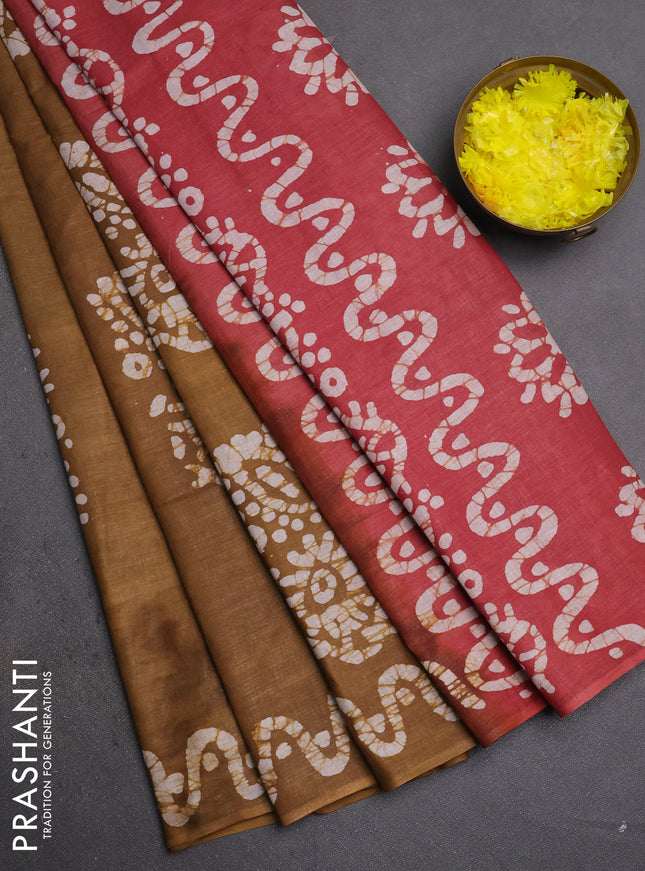 Batik cotton saree mustard green and pastel maroon with batik butta prints and batik printed border