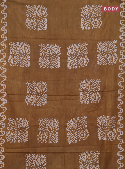 Batik cotton saree mustard green and pastel maroon with batik butta prints and batik printed border
