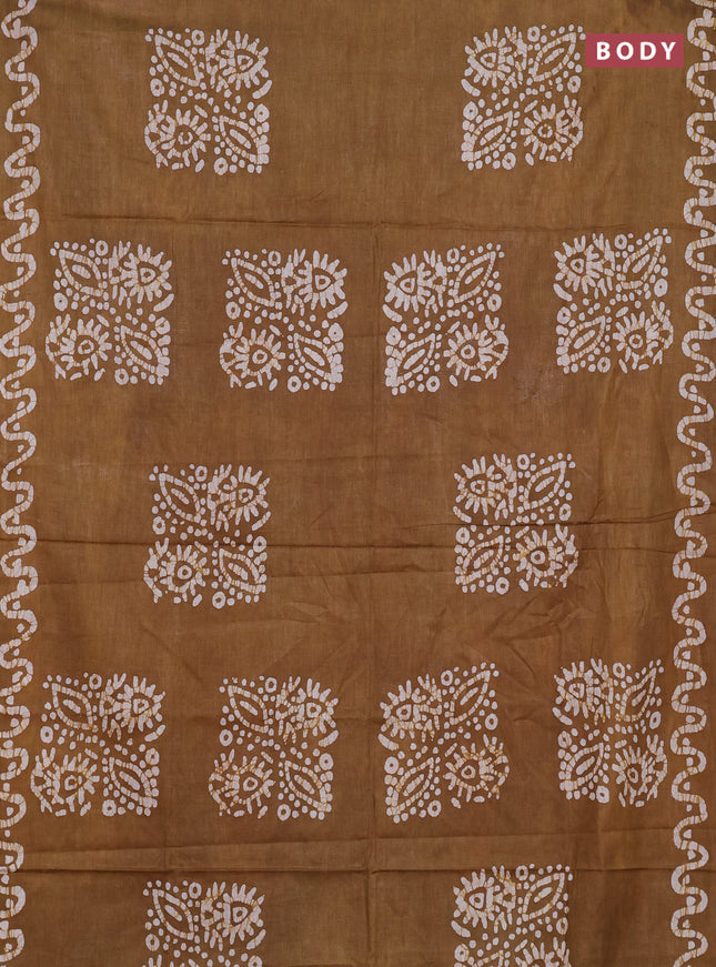 Batik cotton saree mustard green and pastel maroon with batik butta prints and batik printed border
