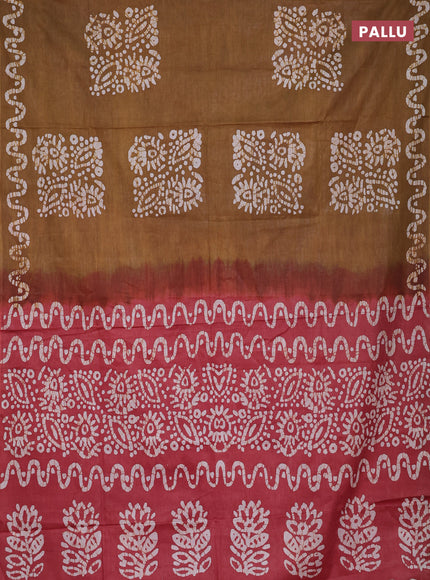 Batik cotton saree mustard green and pastel maroon with batik butta prints and batik printed border