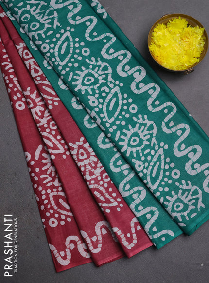 Batik cotton saree pastel maroon and teal green with batik butta prints and batik printed border