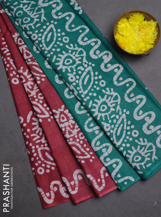 Batik cotton saree pastel maroon and teal green with batik butta prints and batik printed border