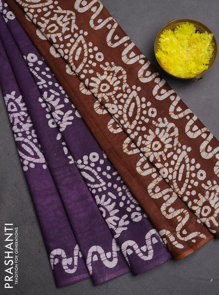 Batik cotton saree violet and coffee brown with batik butta prints and batik printed border