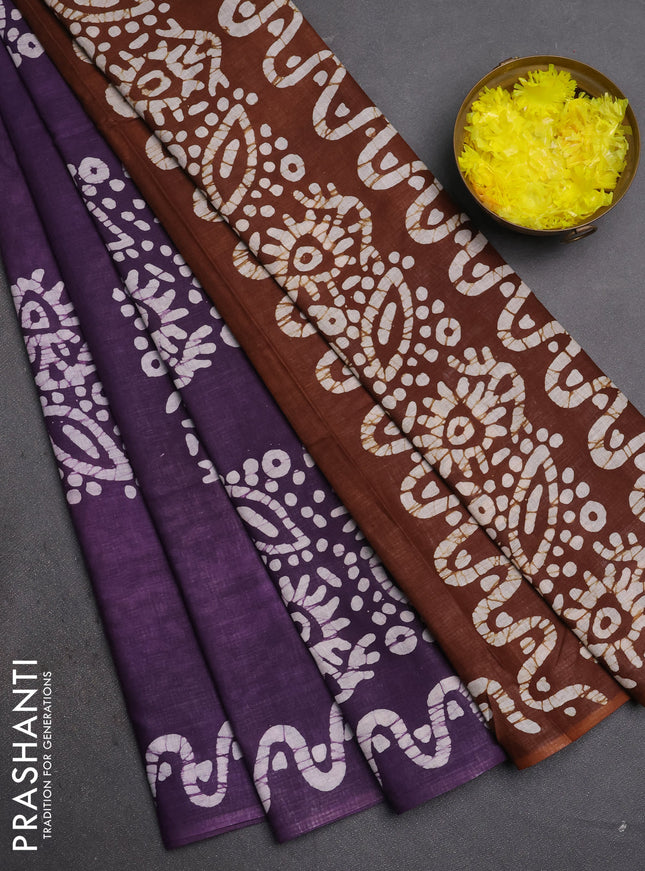 Batik cotton saree violet and coffee brown with batik butta prints and batik printed border