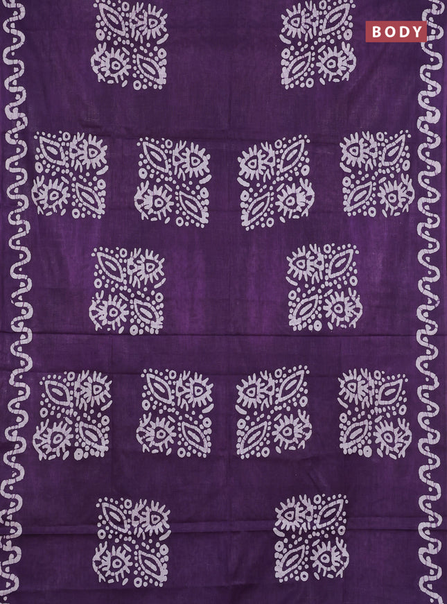 Batik cotton saree violet and coffee brown with batik butta prints and batik printed border