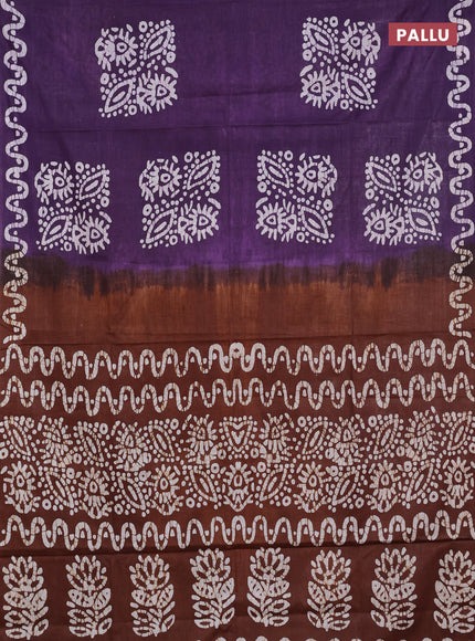 Batik cotton saree violet and coffee brown with batik butta prints and batik printed border
