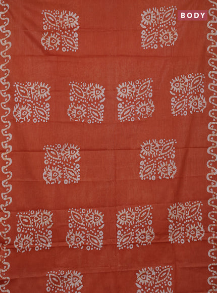 Batik cotton saree rust shade and mustard green with batik butta prints and batik printed border