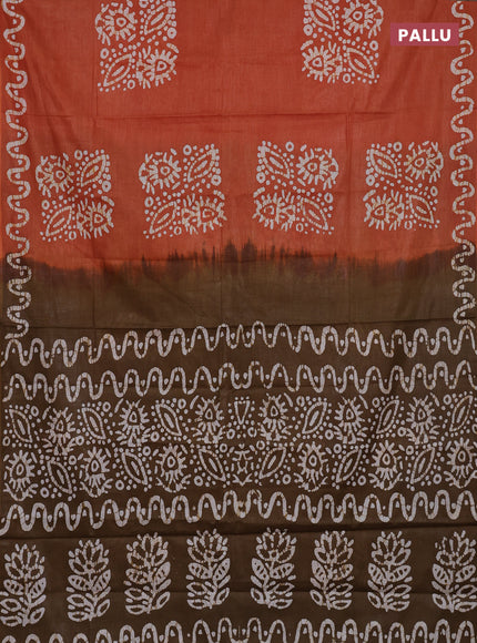 Batik cotton saree rust shade and mustard green with batik butta prints and batik printed border