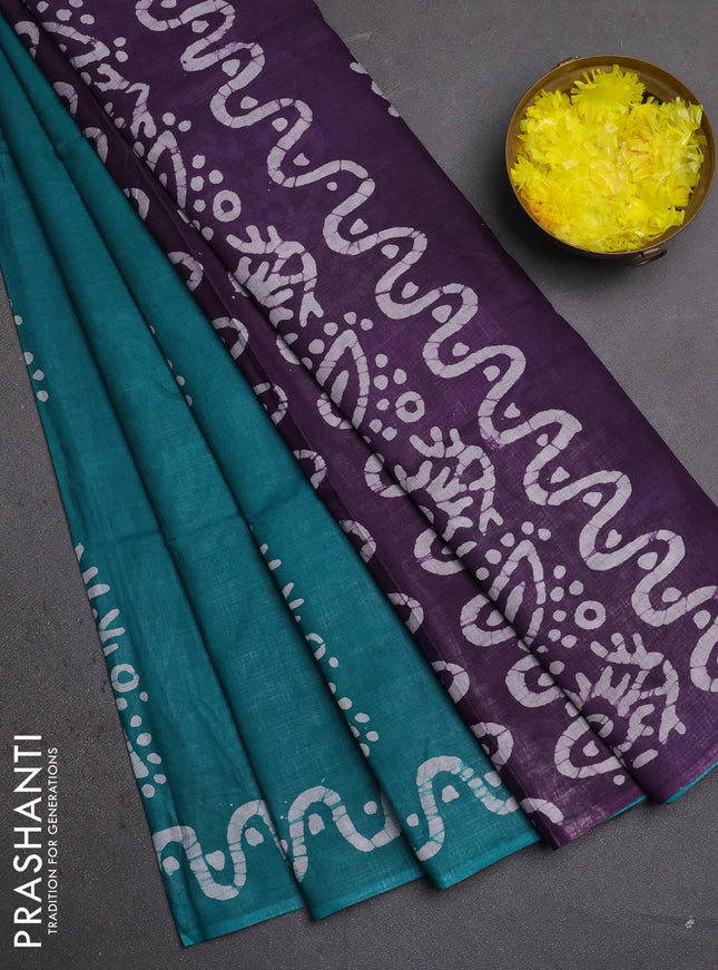 Batik cotton saree teal green and violet with batik butta prints and batik printed border