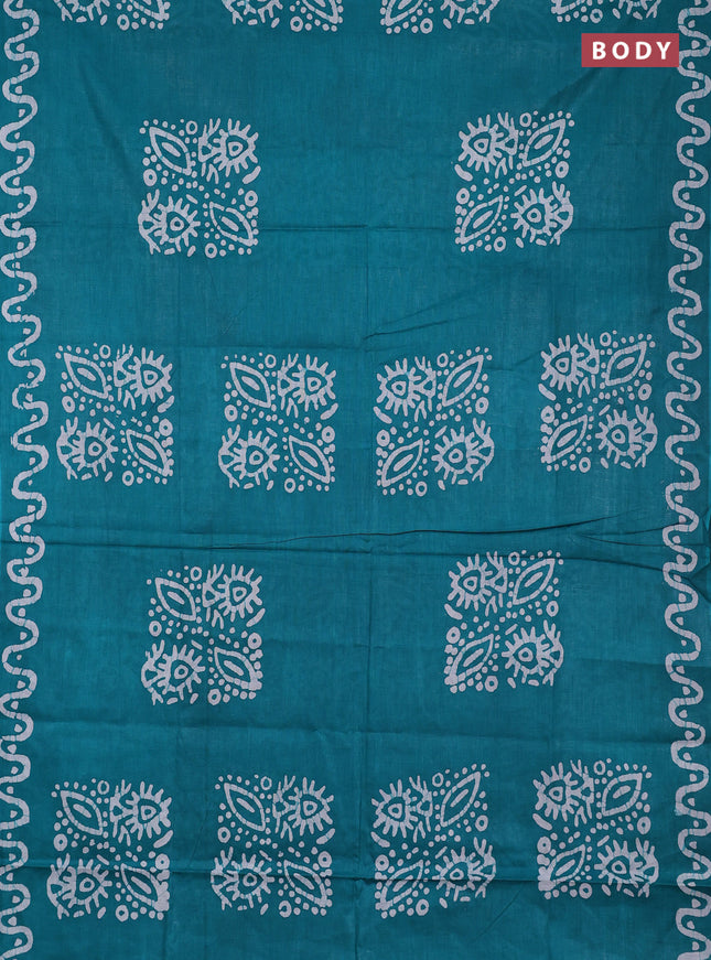 Batik cotton saree teal green and violet with batik butta prints and batik printed border