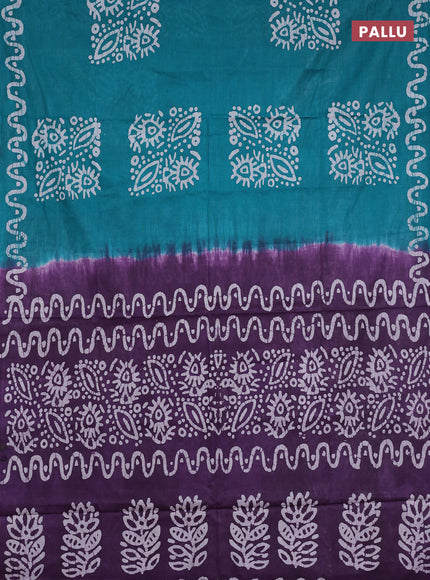 Batik cotton saree teal green and violet with batik butta prints and batik printed border