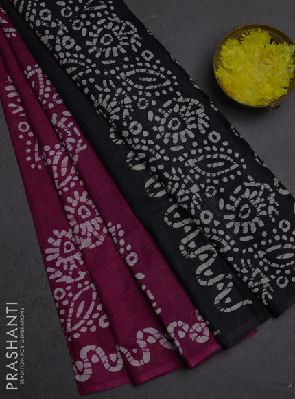 Batik cotton saree magenta pink and bottle green with batik butta prints and batik printed border