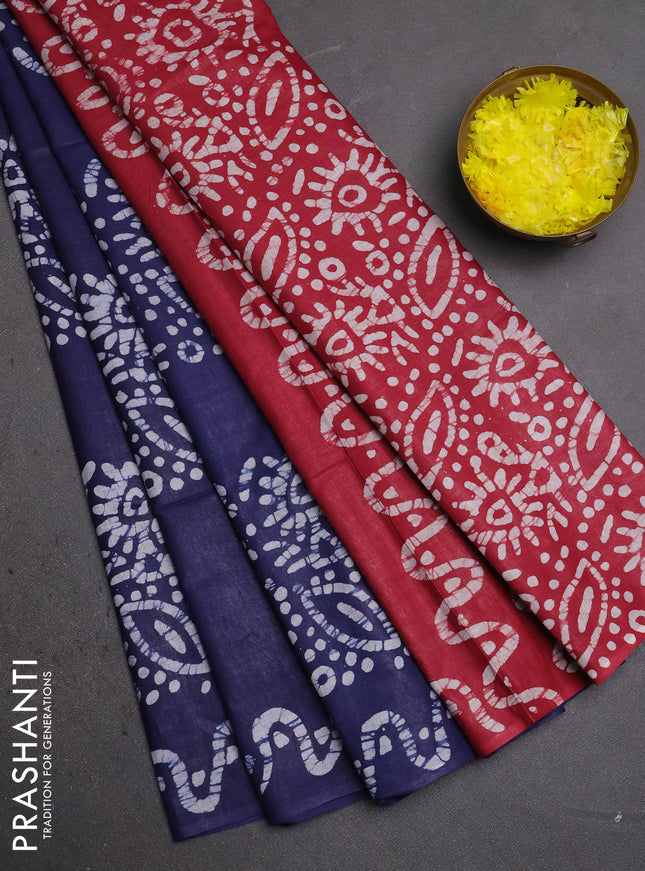 Batik cotton saree blue and maroon with batik butta prints and batik printed border