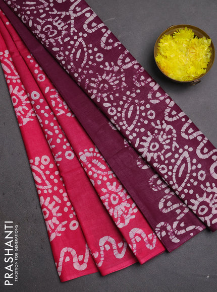 Batik cotton saree pink and deep magenta pink with batik butta prints and batik printed border