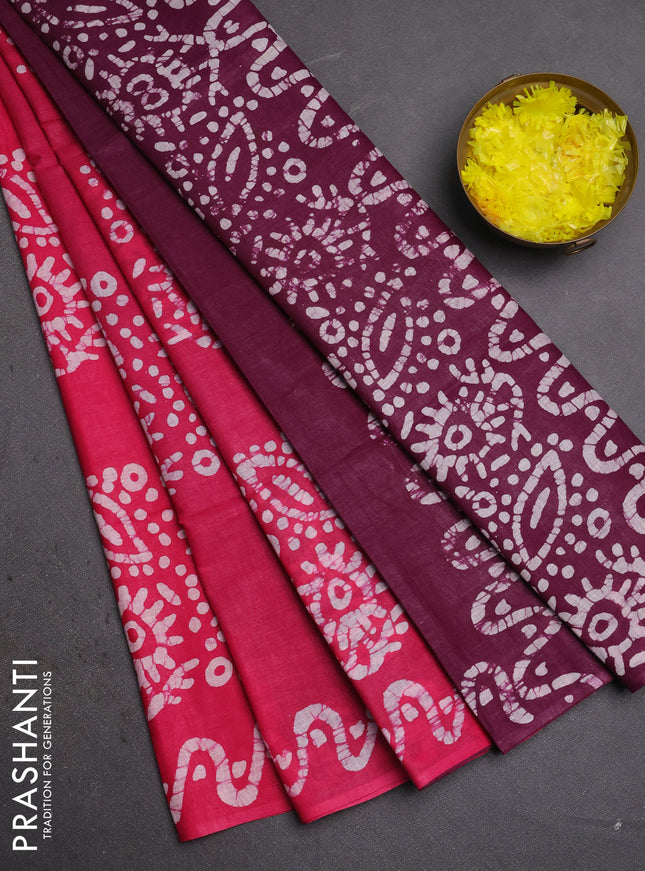 Batik cotton saree pink and deep magenta pink with batik butta prints and batik printed border