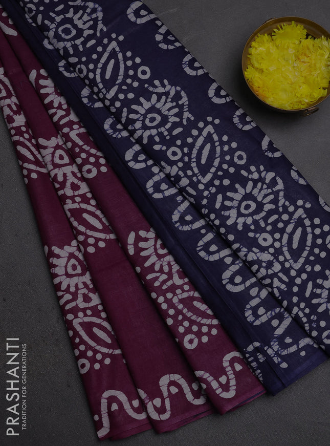 Batik cotton saree deep wine shade and navy blue with batik butta prints and batik printed border
